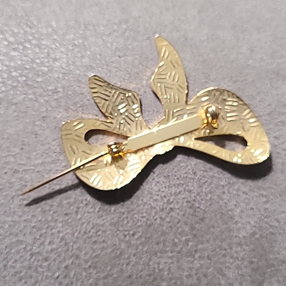 Vintage 1980's Gold Tone Cloisonne Bow Brooch Floral Enamel - Picture 2 of 11
